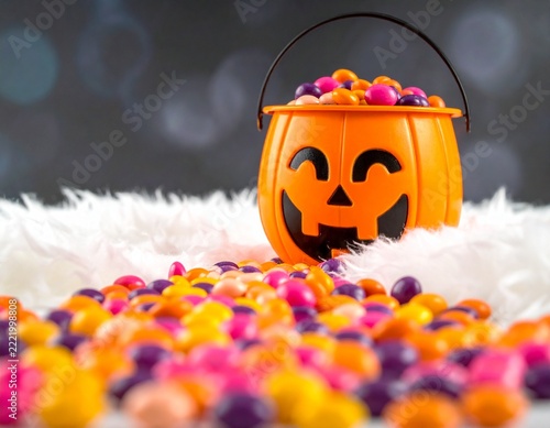 Halloween candy. Halloween jack-o-lantern pail with spilling candy over white background