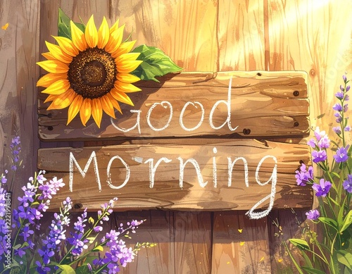 Good morning message handwritten on rustic wooden planks with a vibrant sunflower