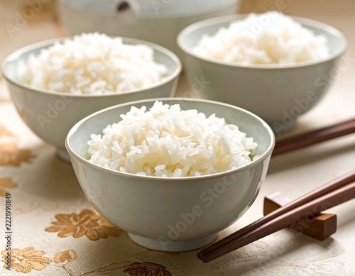 Small ceramic bowls holding freshly cooked white rice with chopsticks on a decorative