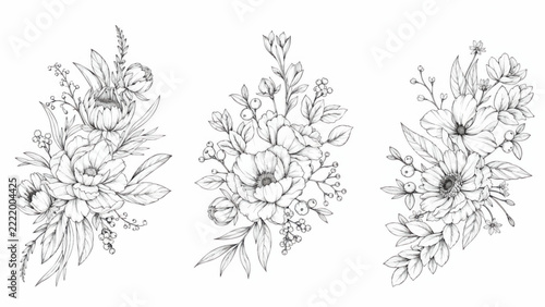 Vintage Floral Bouquet Illustration Set with Elegant Wildflowers and Botanical Line Art