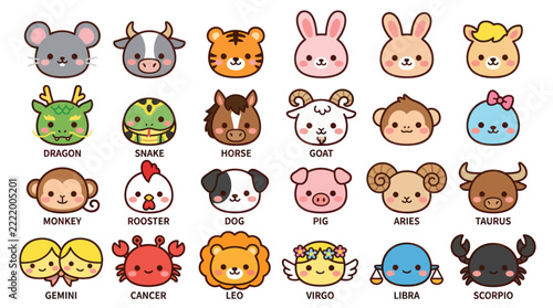 Cute animal zodiac symbols set