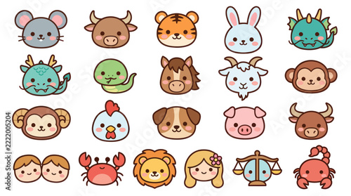 Cute animal zodiac symbols set