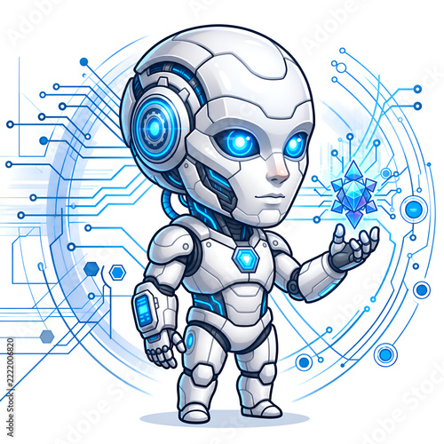 Cute chibi cyborg robot with glowing blue eyes holding floating holographic crystal, wrist display and circuit board lines, AI technology concept on white background