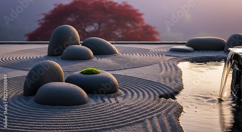 Zen garden with raked sand patterns and decorative stones at sunset