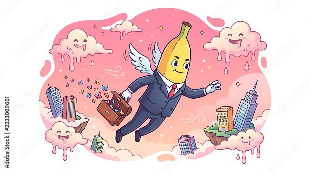 Obraz premium A Business Banana Soars: A whimsical anthropomorphic banana, dressed in a sharp suit and tie, with tiny wings, flies through a pink, cloudy sky above a miniature city, carrying a briefcase.