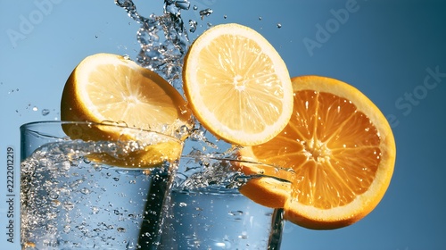 Fresh lemon and orange slices splashing into clear water glasses on