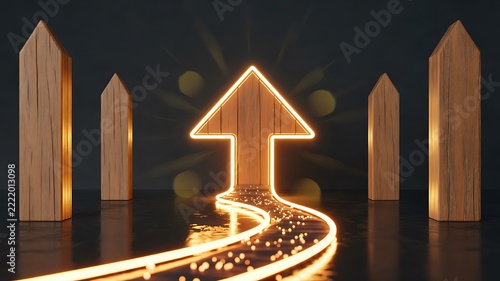Glowing golden arrow pointing upward between wooden pillars representing business growth and success