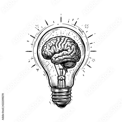 Brain Inside Light Bulb Hand Drawn Engraving Sketch