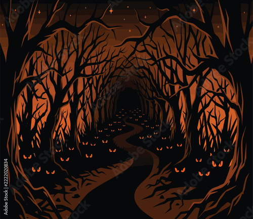 Spooky dark forest path at night with glowing orange eyes in the trees, mysterious halloween woods dark mood