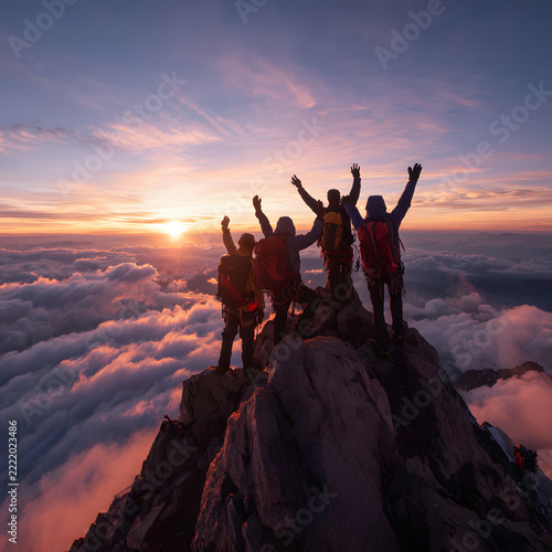 Mountaineers Celebrating at a Snowy Summit Above the Clouds at Sunrise