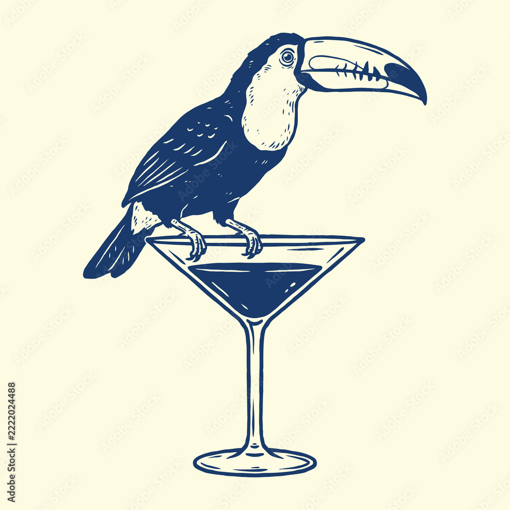 Fototapeta premium Illustration of a toucan bird perched on the rim of a martini glass in a vintage sketch style