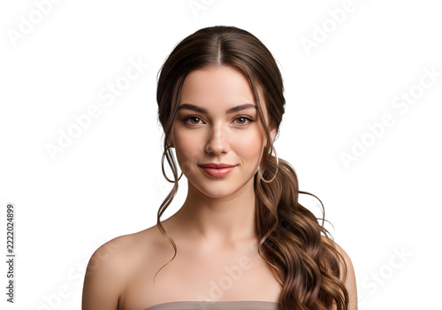 Beautiful young woman with long wavy brown hair looking at camera with a gentle smile and natural makeup for beauty portrait isolated on transparent background