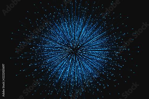 A dynamic abstract burst of bright blue light particles radiating outward on a solid dark background, creating a futuristic digital visual effect.