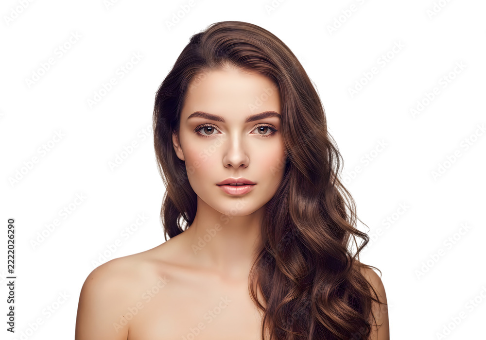 Obraz premium Beautiful young woman with long wavy brown hair looking at the camera with a fresh natural face and clear glowing healthy skin isolated on transparent background