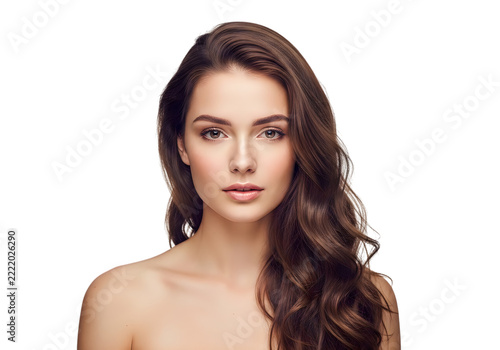 Beautiful young woman with long wavy brown hair looking at the camera with a fresh natural face and clear glowing healthy skin isolated on transparent background