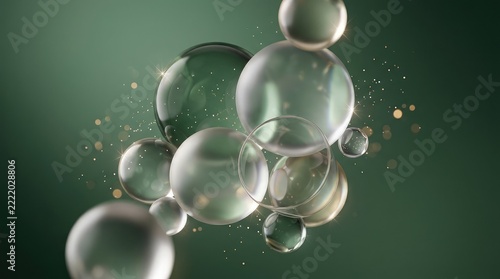 Floating transparent bubbles with golden sparkles on dark green