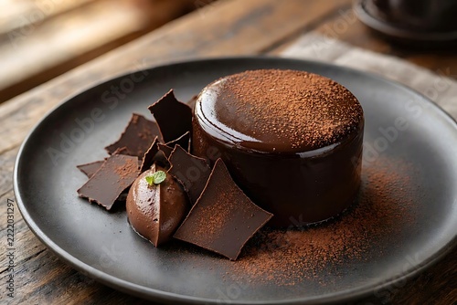 A dark chocolate dessert combined with glossy ganache, delicate cocoa dusting, crisp chocolate pieces, and contrasting textures