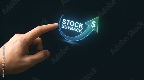A person touching a digital graphic icon representing stock buyback on a dark background