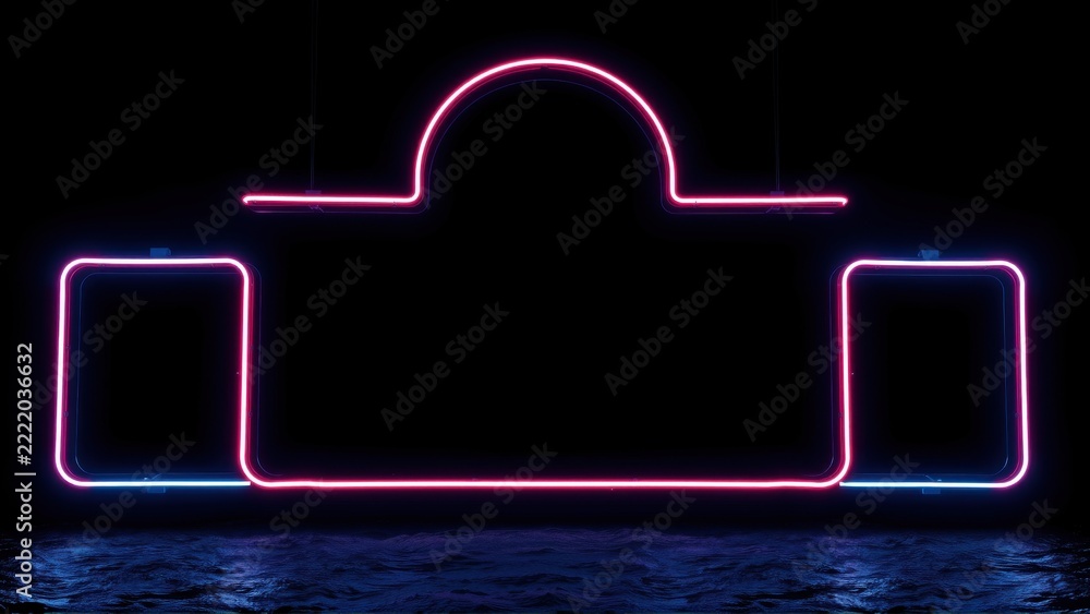 Fototapeta premium Neon sign depicting scales symbol. Pink, blue light glows against dark background. Minimalist design, modern aesthetic.