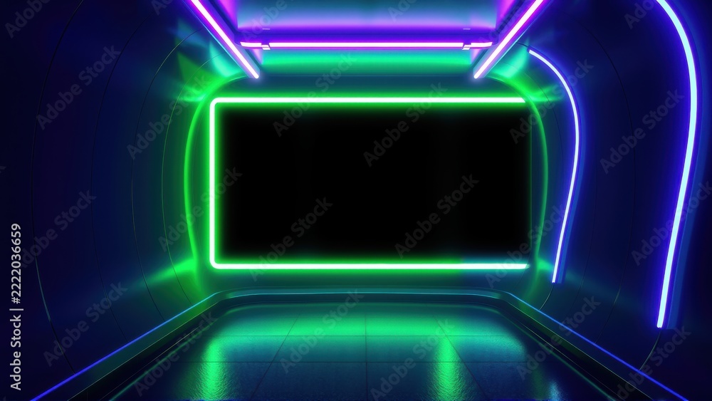 Fototapeta premium Futuristic room features neon lights, dark walls, glowing floor. Empty screen dominates space, creating immersive atmosphere.
