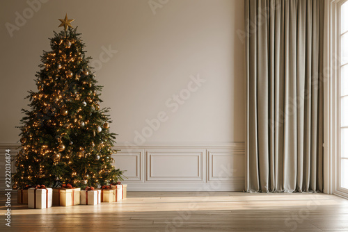 Elegant Christmas Tree in Luxury Minimalist Living Room Interior with Gifts White Wall Molding Large Window Curtains Modern Website Banner Background