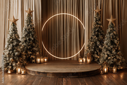 Luxury Christmas Stage with Glowing Neon Circle and Pine Trees on Wooden Platform Podium for Product Display Holiday Sale Banner Backdrop Design