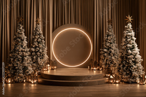 Elegant Christmas Podium Stage with Glowing Neon Circle Snow Flocked Trees Lanterns Bronze Curtains for Holiday Product Display Banner Background