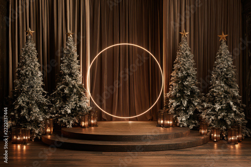 Luxurious Christmas Stage with Glowing Neon Circle and Snowy Fir Trees on Wooden Podium for Winter Holiday Event Product Display Premium Backdrop