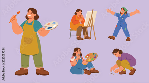 Flat Illustration Happy Artists Engaged in Creative Activities