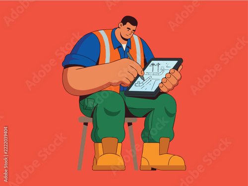 Worker Using Tablet with Technical Diagram in Orange and Green Safety Gear