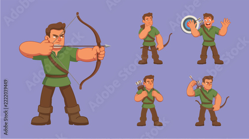 Flat Illustration Archer Character Shooting Bow with Sequential Action Steps