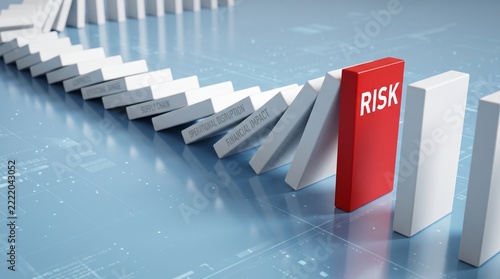 Risk management concept, red RISK domino stopping a chain reaction, business protection, financial security, 3D render, minimal background.