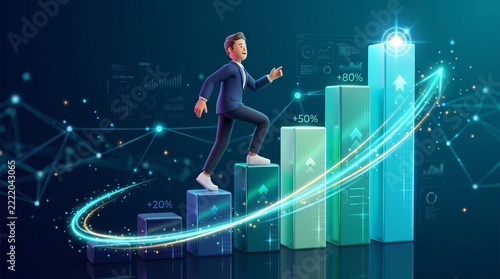 Business growth concept, professional climbing rising bar charts with glowing upward trend, financial success, analytics dashboard, futuristic 3D illustration.