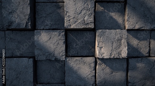 Close-up of textured, square stone blocks creating a patterned wall with shadow contrasts and rough surfaces.