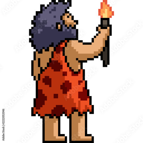 pixel art isolated background of caveman hold torch
