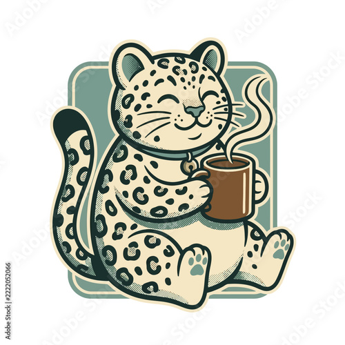 Vintage Lucky Cat Illustration Holding Tea Cup.