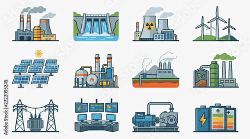 Energy Sources and Power Generation Infrastructure Icons Collection