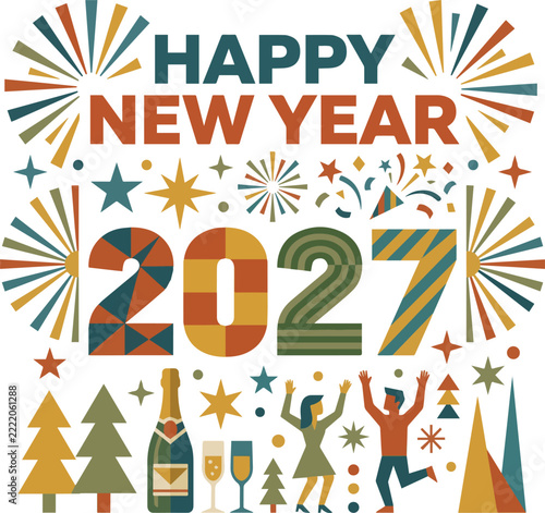 Happy New Year 2027 Minimalist Retro Flat Vector Illustration with Champagne Fireworks Dancing People Celebration Party Banner