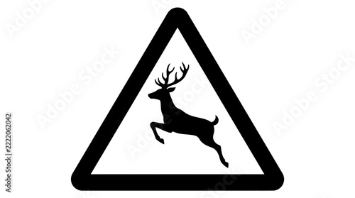 Black silhouette of jumping deer inside triangular warning sign vector illustration isolated on white background for design projects