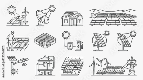 Comprehensive Solar Energy and Renewable Power Systems Infographic Icons