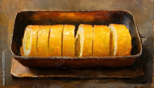 Oil painting of a sliced rolled omelette tamagoyaki in a pan