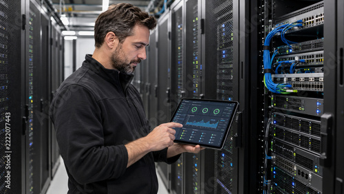A man operates a tablet within a data center, surrounded by server racks and cabling. He appears focused on managing digital data systems in the high-tech environment