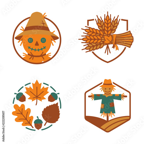 Set of four autumn themed icons featuring scarecrows and harvest symbols.