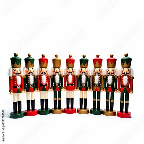 Handpainted wooden nutcracker ornaments collection standing upright in a row on white background festive christmas decor