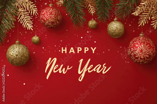 Background Xmas design of red, golden for winter holiday sale.  Horizontal happy new year poster, greeting cards, headers, website in luxury design