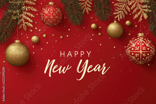 Background Xmas design of red, golden for winter holiday sale.  Horizontal happy new year poster, greeting cards, headers, website in luxury design