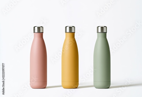 Three sleek, colored reusable bottles with metallic caps stand in a row