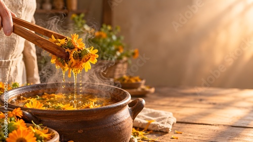 Steaming Calendula Flower Infusion Being Prepared in a Rustic Kitchen with Golden Sunlight