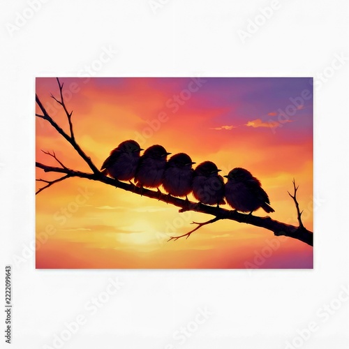 Five Birds Perched on a Branch Against a Colorful Sunset Sky