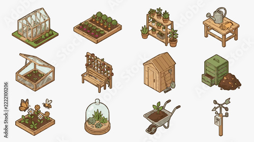 Isometric Garden Tools and Structures Set for Planting and Gardening Enthusiasts
